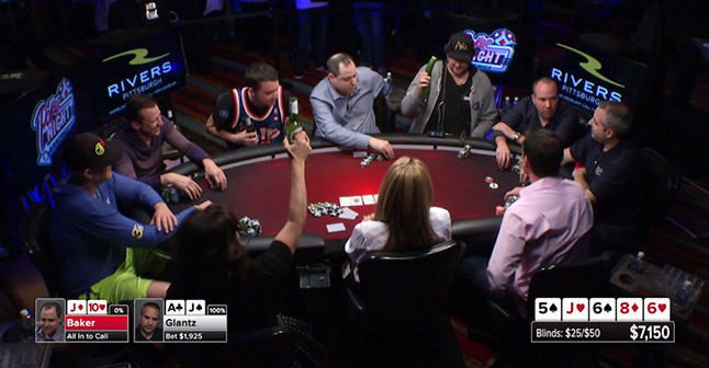 Jennifer Tilly raising her beer and everyone agreeing that Phil Hellmuth is a good sport